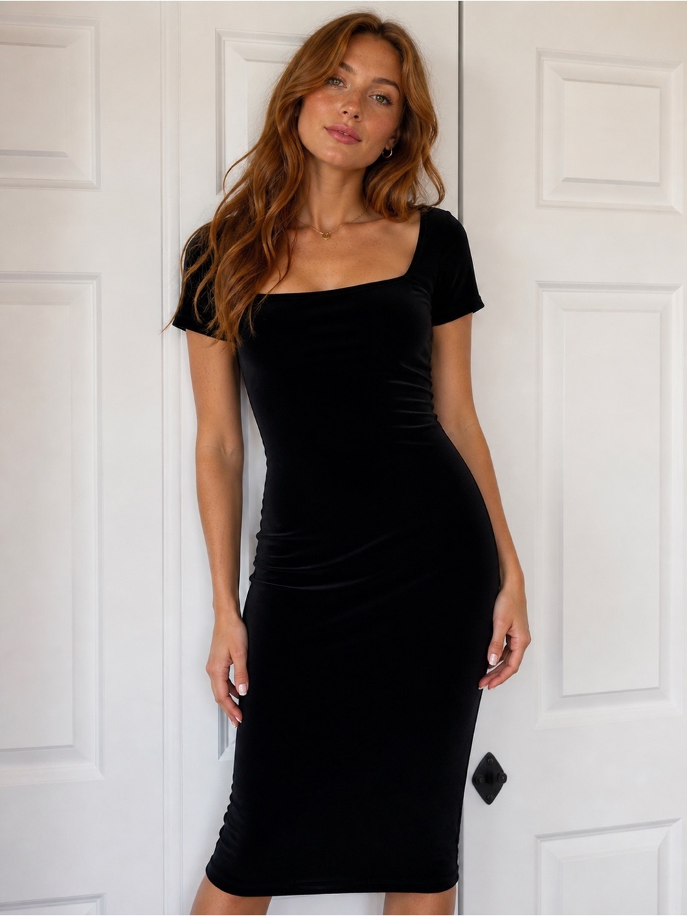 VINTAGE Velvet Black Square-Neck Midi Dress